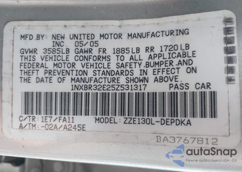 2005 Toyota Corolla Ce from USA, damaged, VIN 1NXBR32E25Z531317